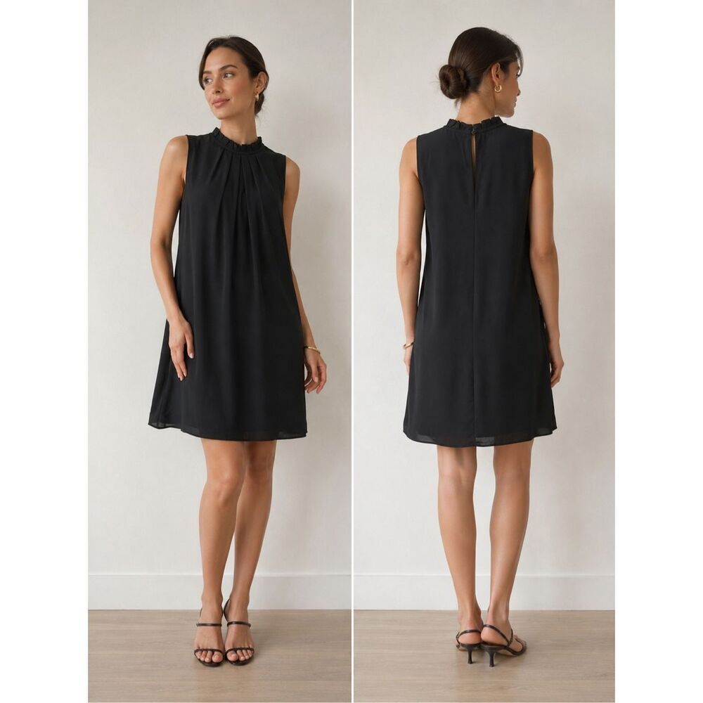 H&M Black Pleated Shift Dress Size 12 Sleeveless Minimalist Lined